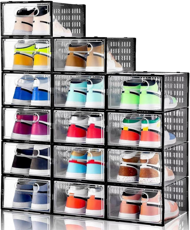 Clemate 15 Pack Shoe Storage Boxes, Clear Plastic Stackable Shoe Organizer for Closet, Shoe Box with Magnetic Door, Foldable Shoe Storage Bin, Sneaker Storage Box Shoe Rack Container Holder, Size 11 - Image 1